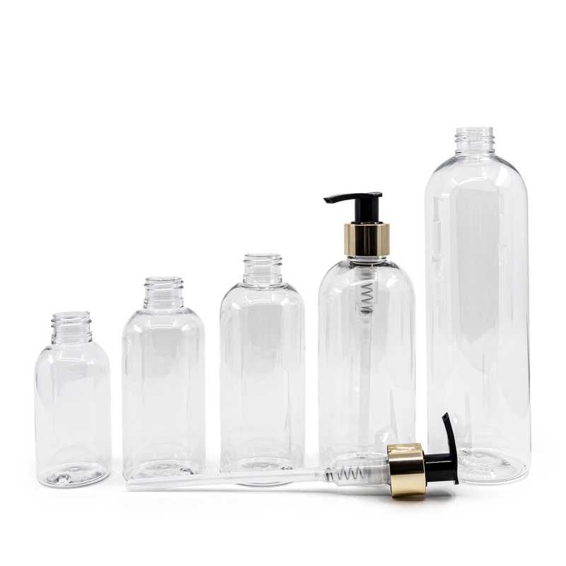 Botella de plástico transparente redonda, bomba dorada, 200 ml