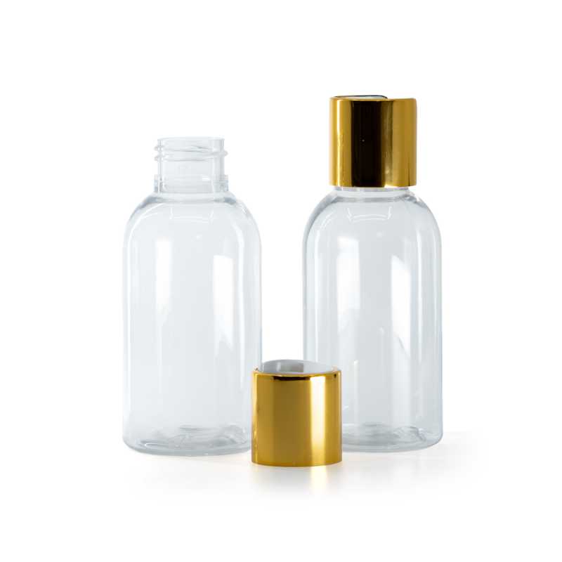 Botella de plástico transparente redonda, tapón disc-top dorado con inserto blanco, 100 ml