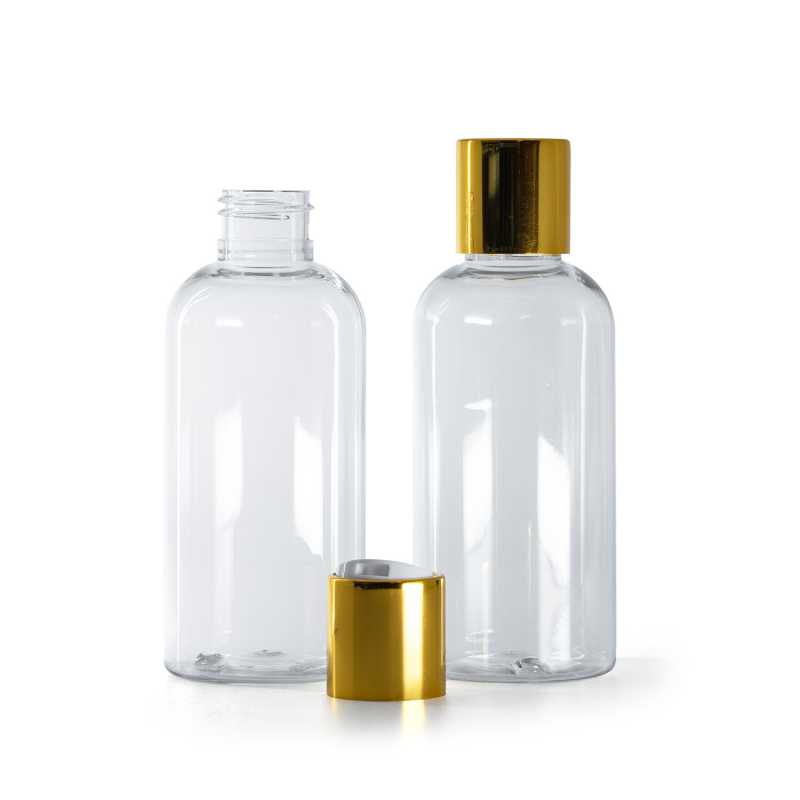 Botella redonda de plástico transparente, tapón disc-top blanco con collarín de aluminio dorado, 150 ml