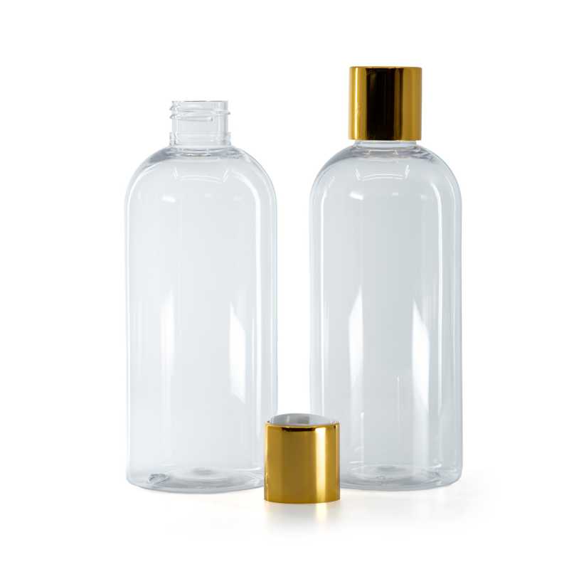 Botella de plástico transparente, tapón disc-top, dorado, parte central blanca, 300 ml