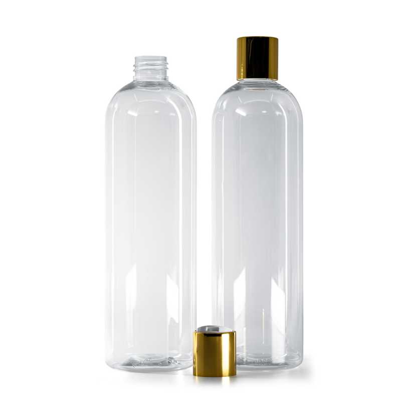 Botella de plástico transparente, tapón disc-top blanco, cuello dorado, 500 ml