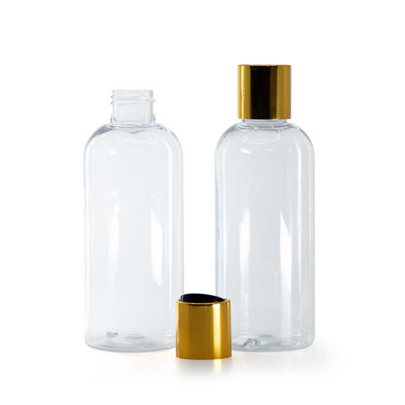 Botella de plástico transparente, 200 ml, tapón disc-top dorado con centro negro