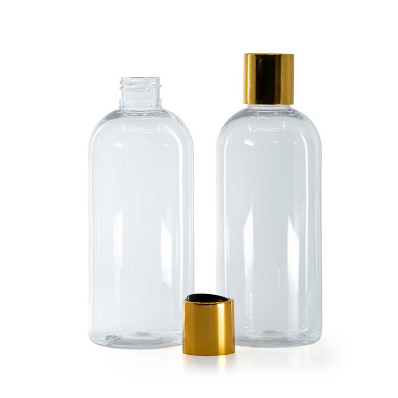 Botella redonda de plástico transparente, tapón de rosca disc-top de plástico negro con anillo de aluminio dorado, 300 ml