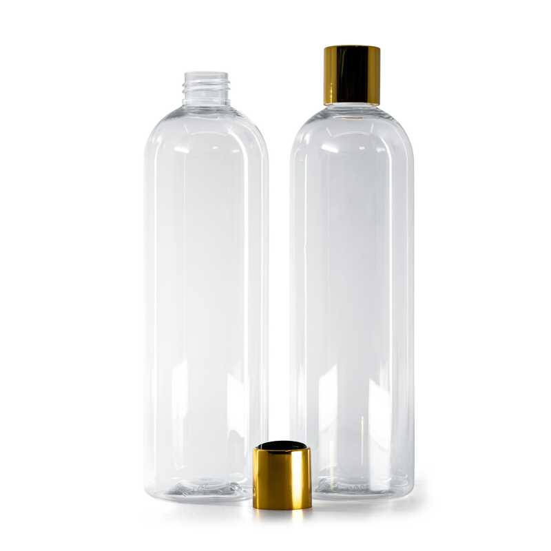 Botella de plástico transparente, redonda, tapón disc-top, dorado con centro negro, 500 ml