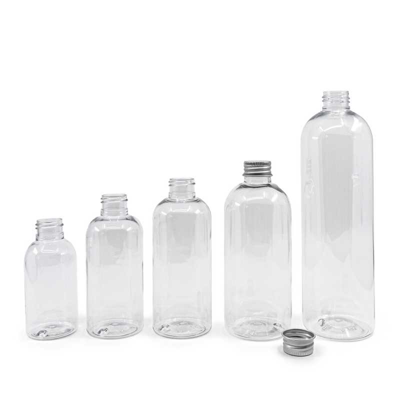 Botella de plástico transparente, tapón de aluminio, 150 ml