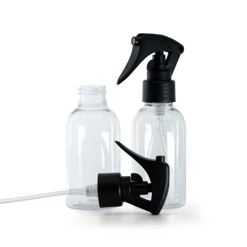 Botella de plástico transparente, redonda, pulverizador de gatillo negro mate, anillo liso, 100 ml