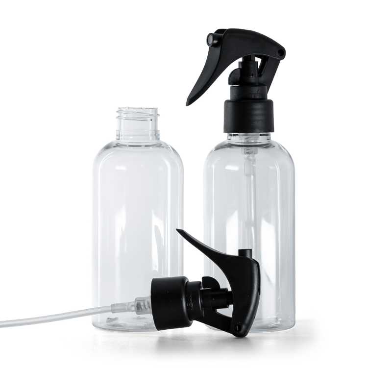 Botella de plástico transparente, pulverizador de gatillo negro mate, anillo liso, 150 ml