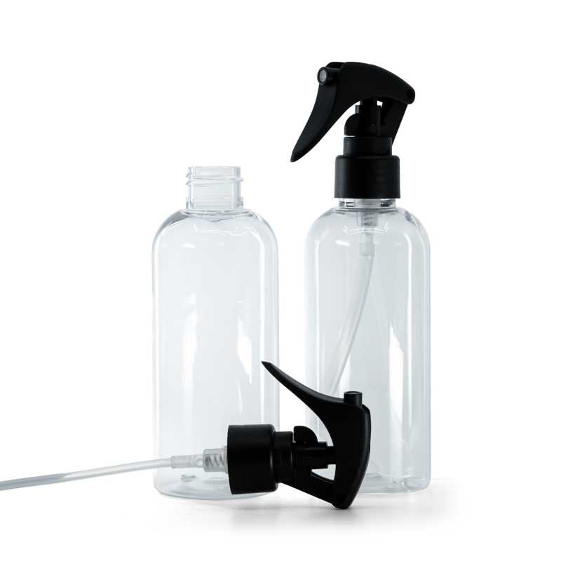 Botella de plástico transparente, pulverizador de gatillo negro mate, anillo liso, 200 ml