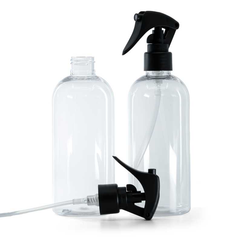 Botella de plástico transparente, pulverizador de gatillo negro mate, anillo liso, 300 ml