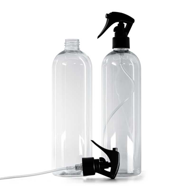 Botella de plástico, transparente, redonda, pulverizador de gatillo, negro mate, anillo liso, 500 ml