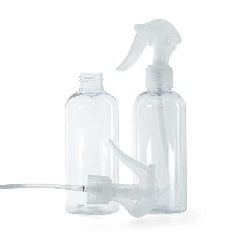 Botella de plástico transparente, redonda, pulverizador de gatillo transparente, 200 ml