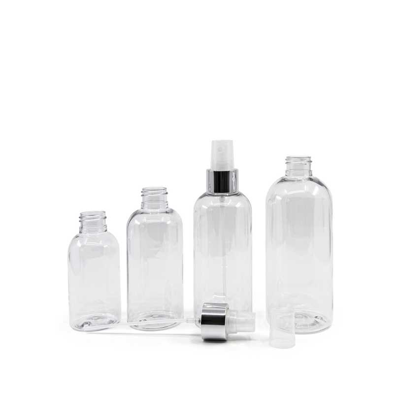Botella de plástico transparente redonda, pulverizador transparente, anillo plateado brillante, 150 ml
