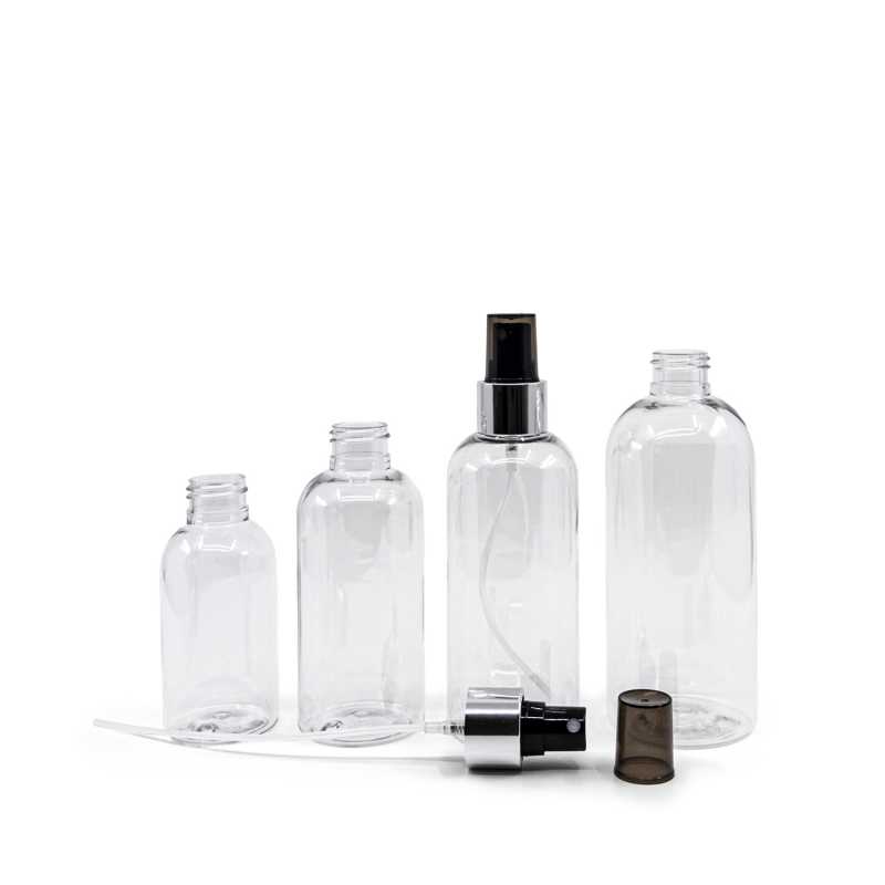 Botella de plástico transparente, pulverizador negro, anillo plateado brillante, 150 ml