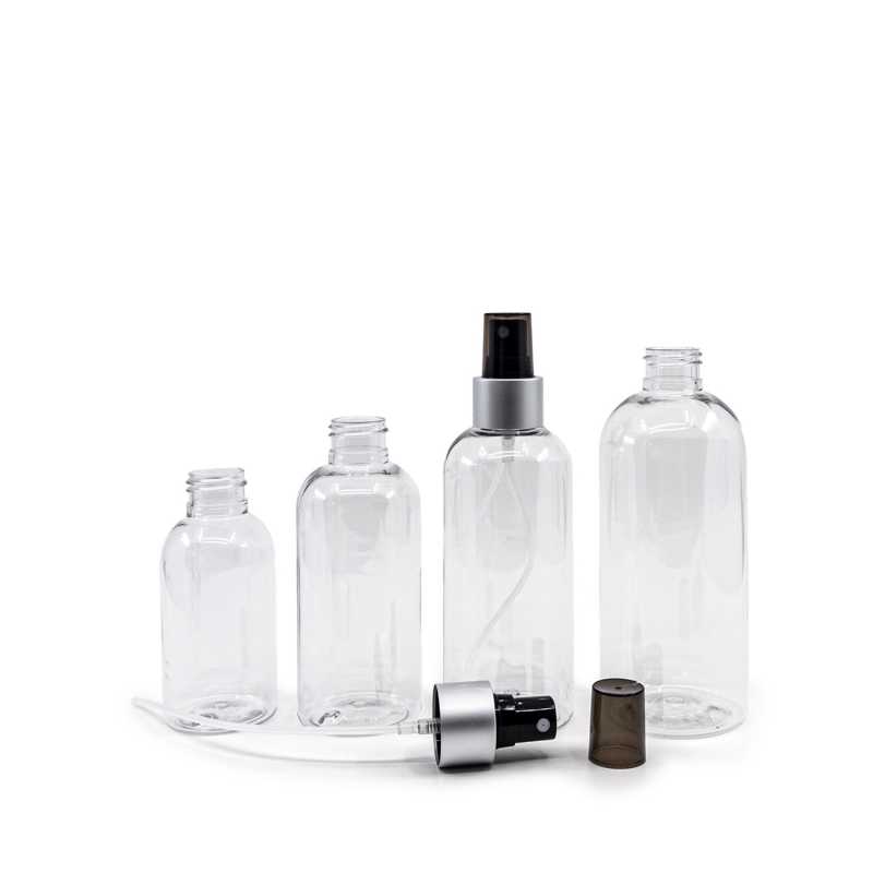 Botella de plástico transparente, pulverizador negro, anillo plateado mate, 200 ml
