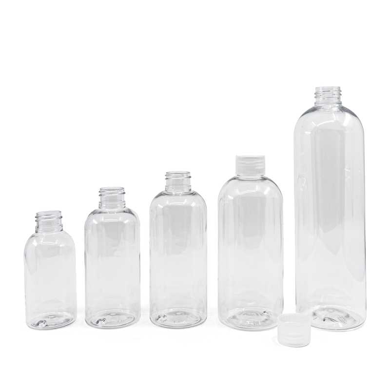 Botella de plástico transparente, redonda, tapón transparente, 200 ml