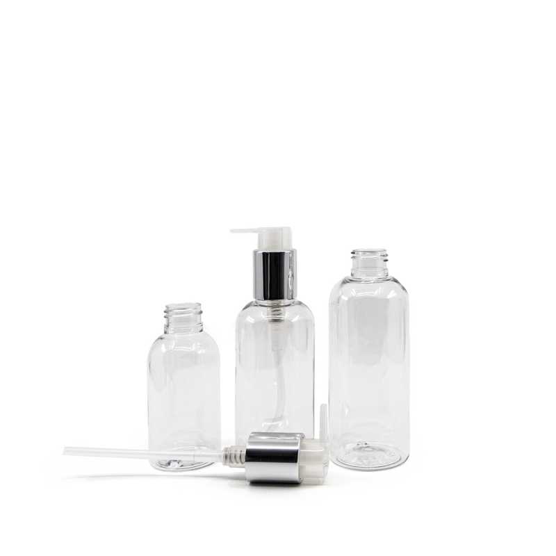 Frasco de plástico transparente, dispensador plateado, 100 ml