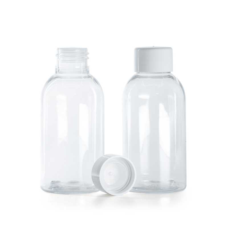 Botella redonda de plástico transparente, tapón blanco liso con reductor, 100 ml