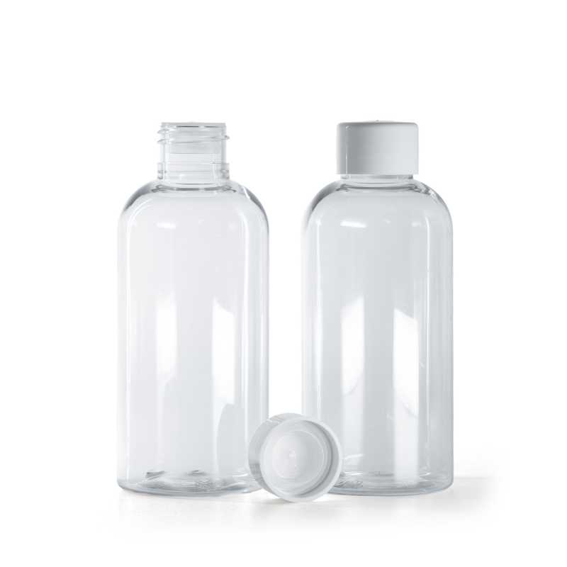 Botella de plástico redonda, transparente, 150 ml, tapón blanco liso con reductor