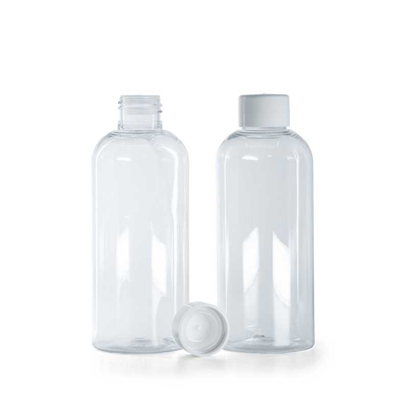 Botella de plástico transparente, 200 ml, tapón blanco liso con reductor