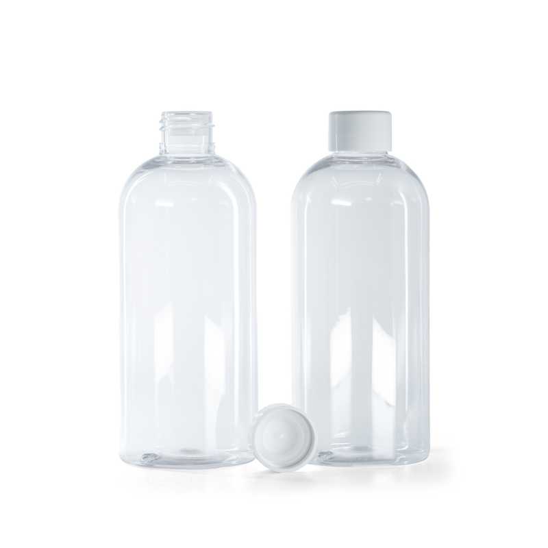 Botella de plástico transparente, 300 ml, tapón blanco liso con reductor