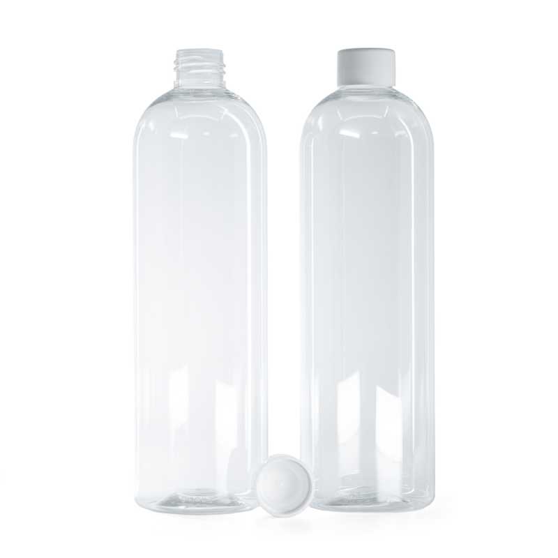 Botella de plástico redonda transparente, tapón liso blanco con reductor, 500 ml