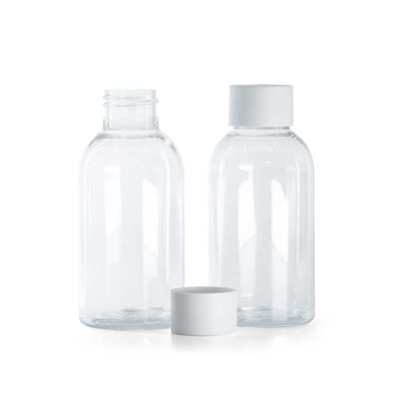 Botella de plástico transparente, tapón blanco mate, 100 ml
