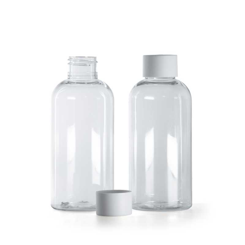 Botella de plástico transparente, tapón blanco mate, 150 ml