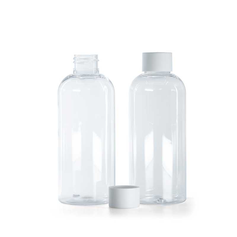 Botella de plástico transparente, tapón blanco mate, 200 ml