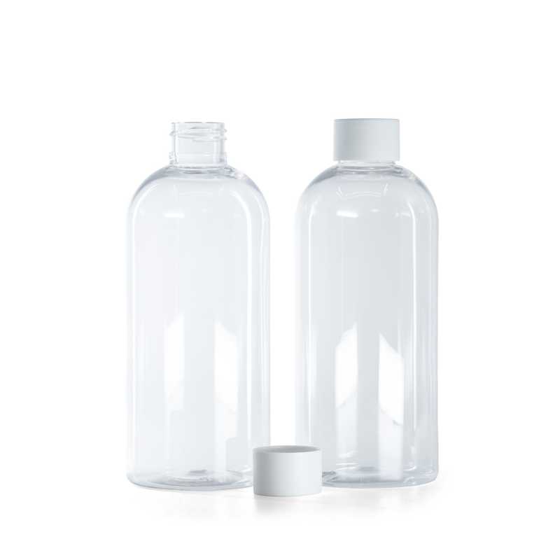 Botella de plástico transparente, tapón blanco mate, 300 ml