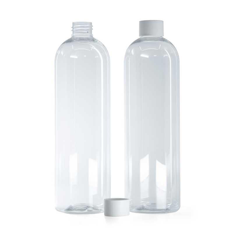 Botella de plástico transparente redonda, tapón blanco mate, 500 ml
