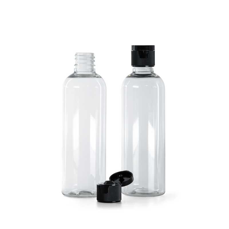 Botella plástica, transparente, tapón abatible plástico, negro, 100 ml