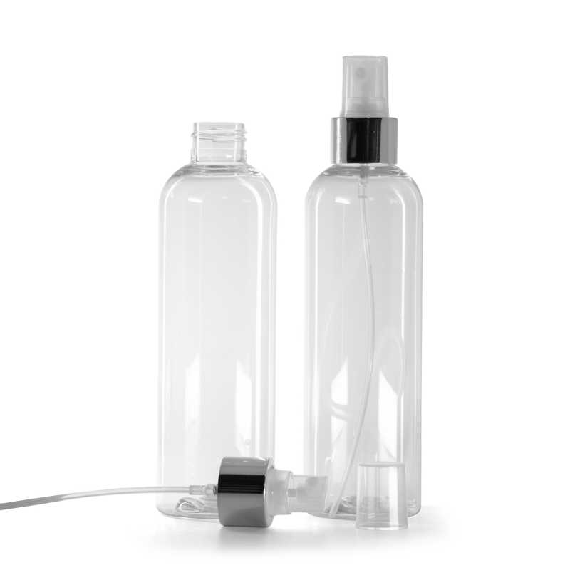 Botella de plástico transparente, pulverizador transparente, anillo plateado brillante, 250 ml