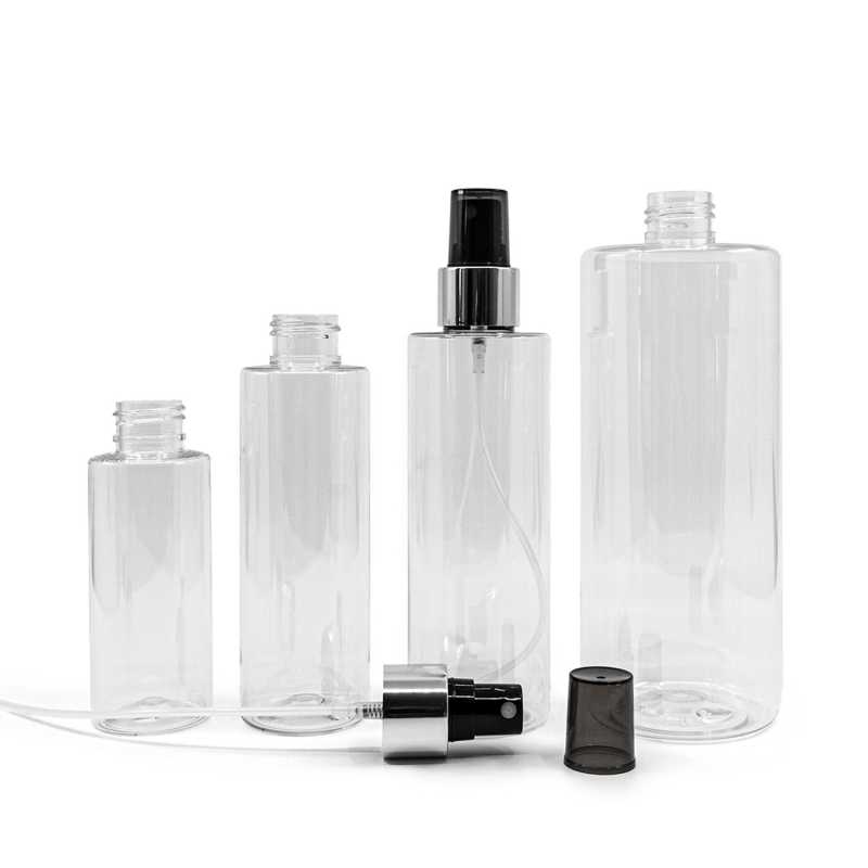 Botella de plástico transparente, pulverizador negro, anillo plateado brillante, 200 ml