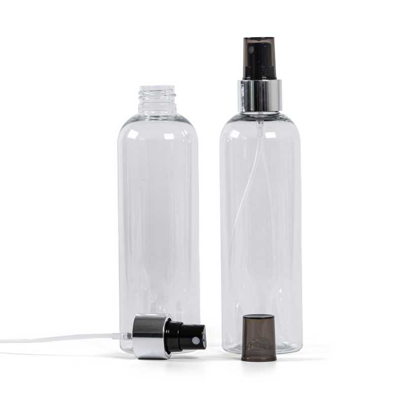 Botella de plástico transparente, pulverizador negro, anillo plateado brillante, 250 ml