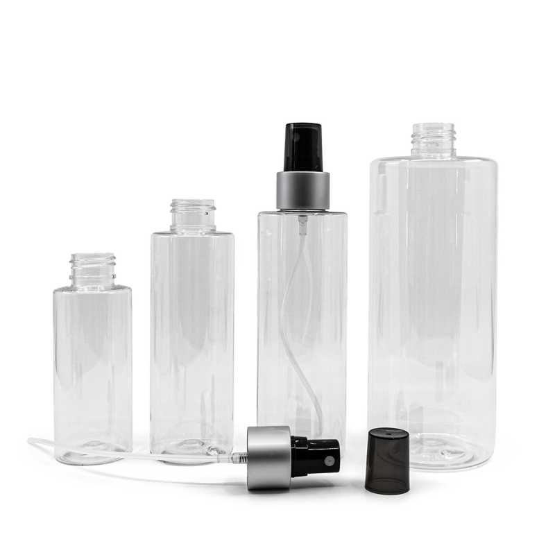 Botella de plástico transparente, pulverizador negro, cuello plateado mate, sobretapa ahumada, 200 ml