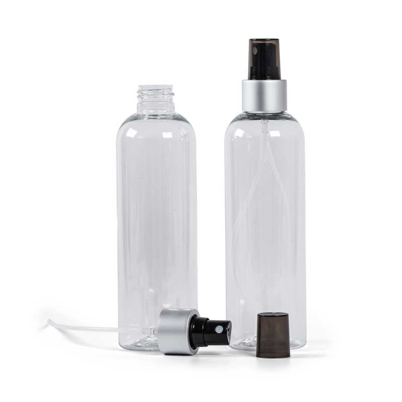 Botella de plástico transparente, pulverizador negro, anillo plateado mate, sobretapa ahumada, 250 ml