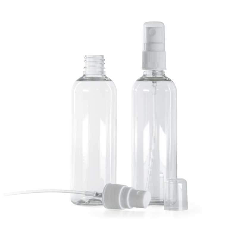 Frasco de plástico transparente con pulverizador blanco, 100 ml