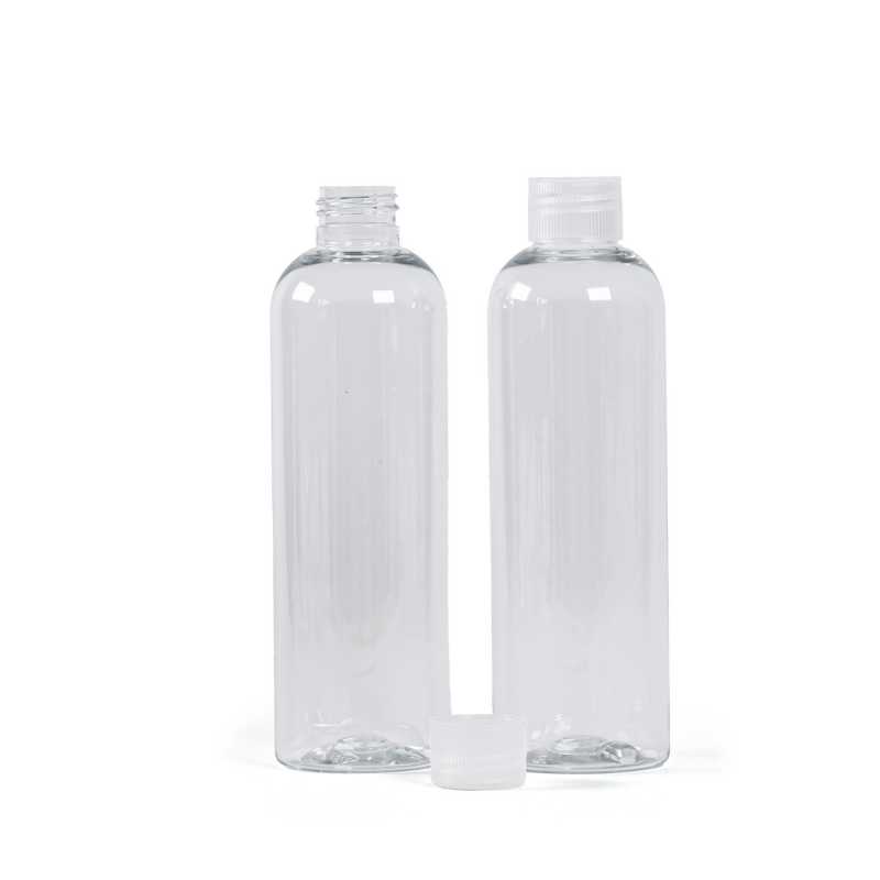 Botella de plástico transparente, 250 ml, tapón de rosca transparente