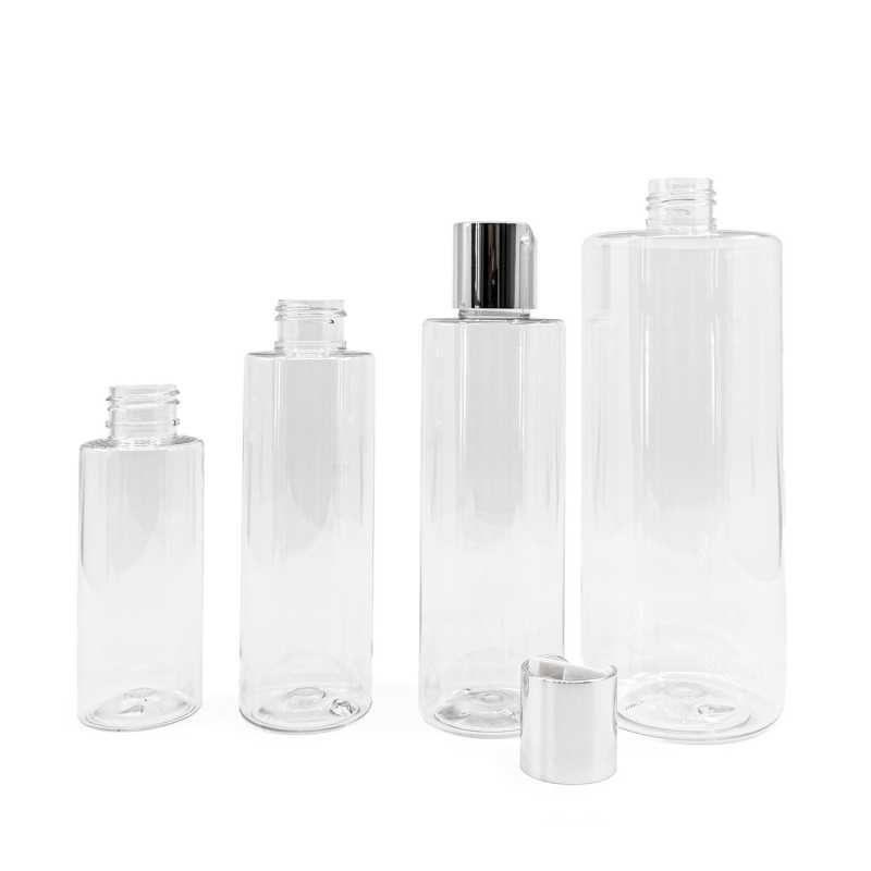 Botella de plástico transparente, 200 ml, tapón disc-top plateado
