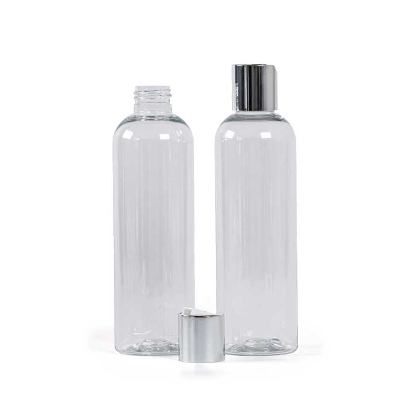 Botella de plástico transparente, tapón disc-top plateado, 250 ml