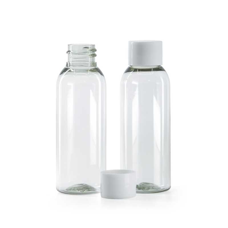 Botella de plástico reciclado, transparente, tapón blanco liso, 50 ml