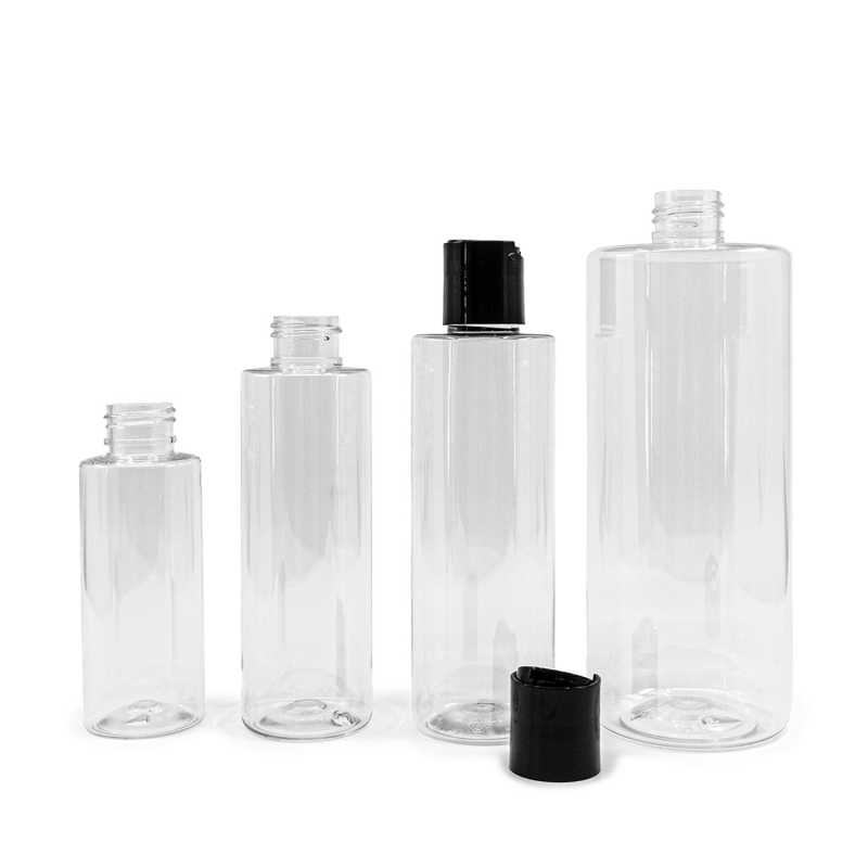 Botella de plástico transparente, tapón disc-top negro, 150 ml