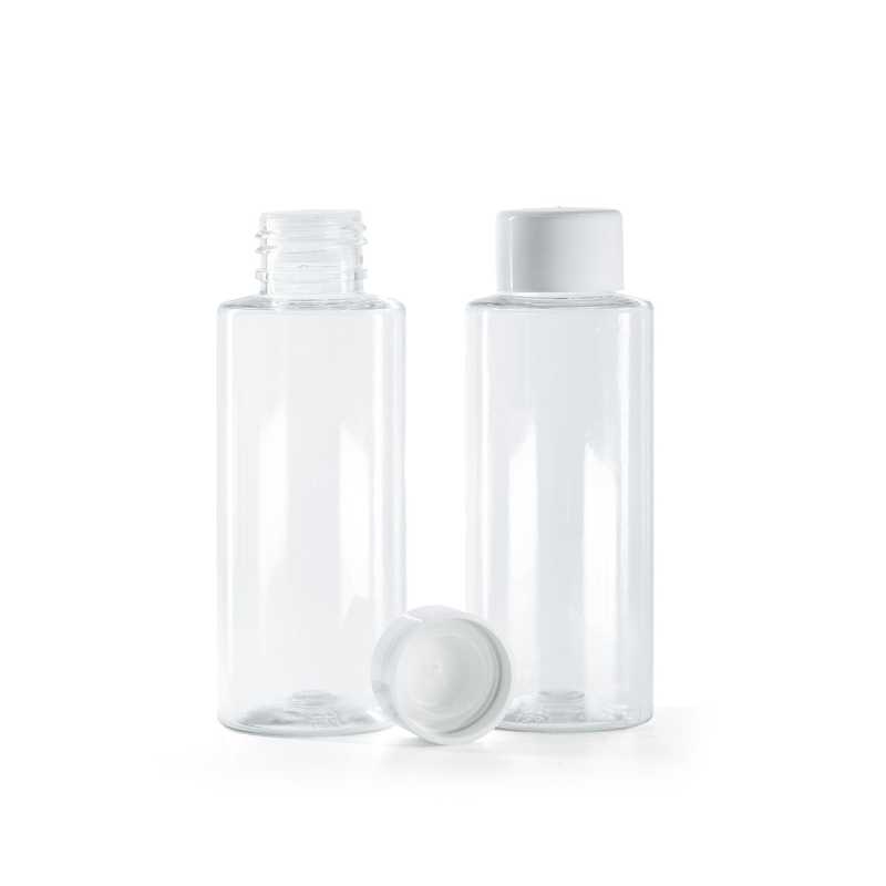 Frasco de plástico transparente, tapón blanco liso con reductor, 100 ml