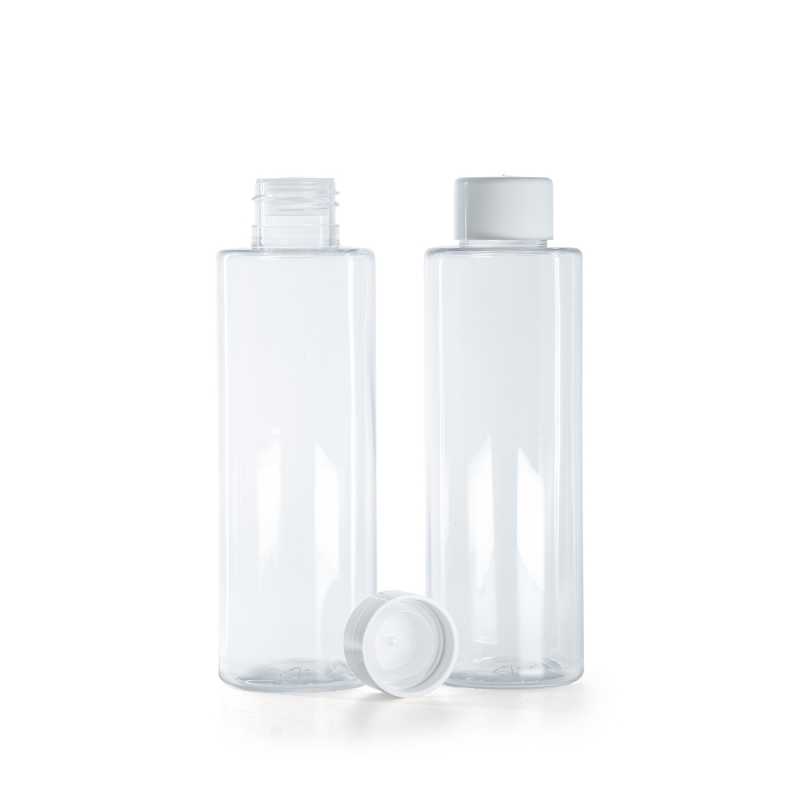 Botella de plástico transparente, tapón blanco liso con reductor, 150 ml