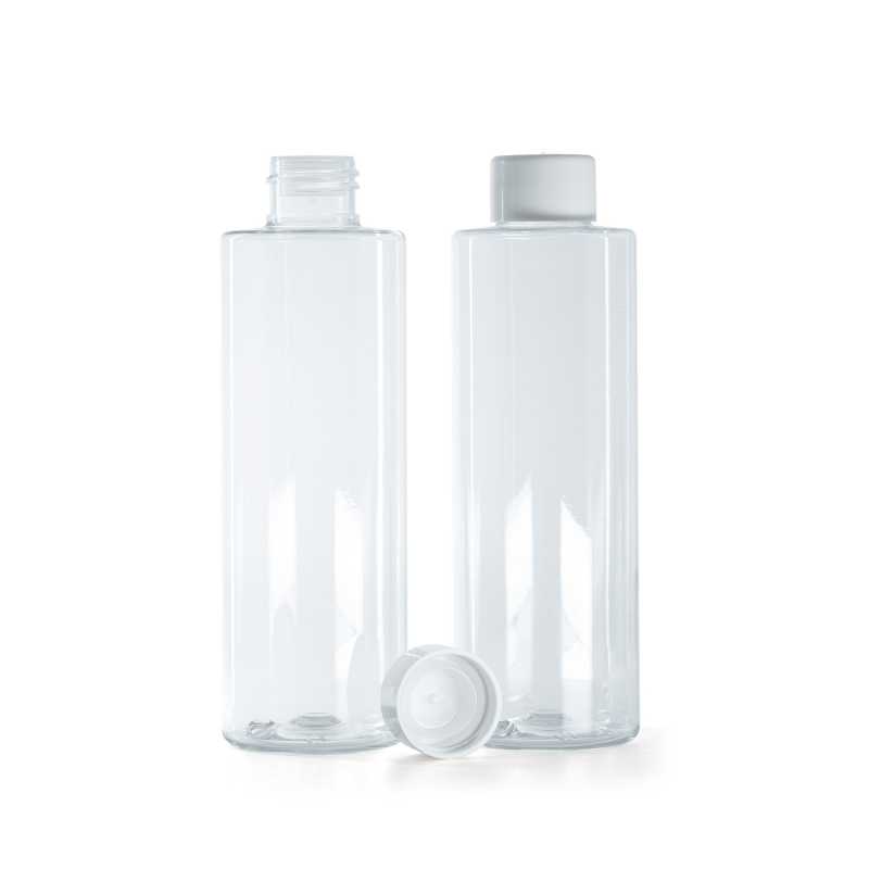 Botella de plástico transparente, tapón blanco liso con reductor, 200 ml