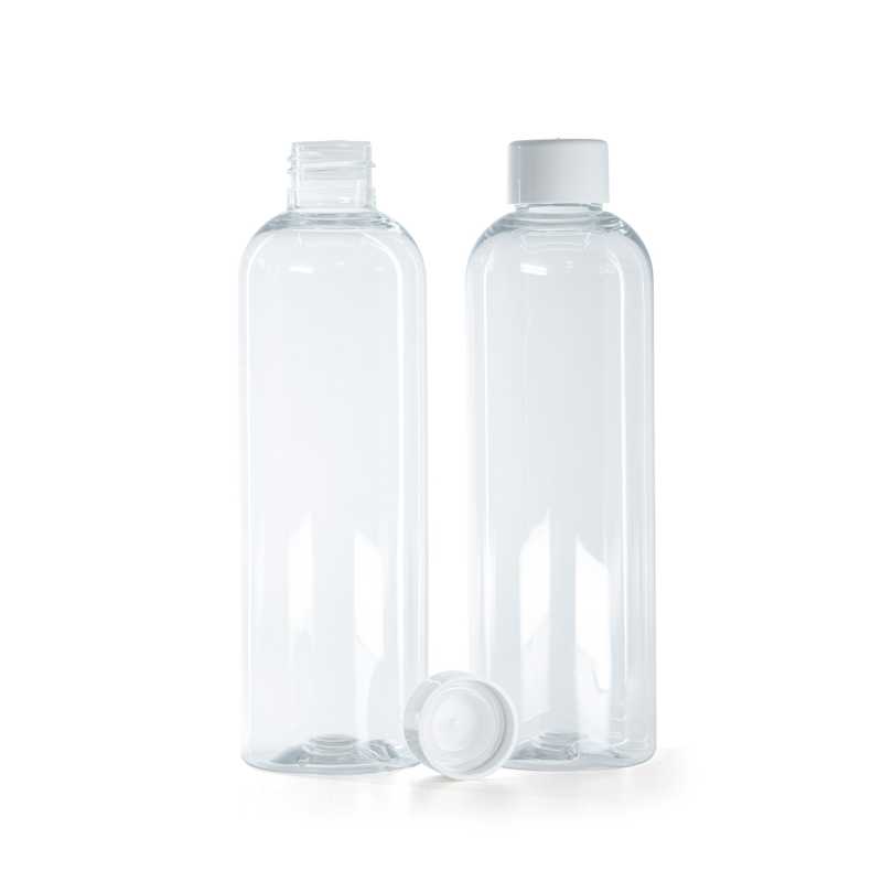 Botella de plástico transparente, tapón blanco con reductor, 250 ml