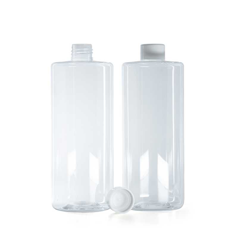 Botella de plástico transparente, tapón blanco liso con reductor, 500 ml