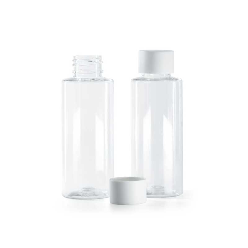 Frasco de plástico transparente, 100 ml, tapón blanco mate