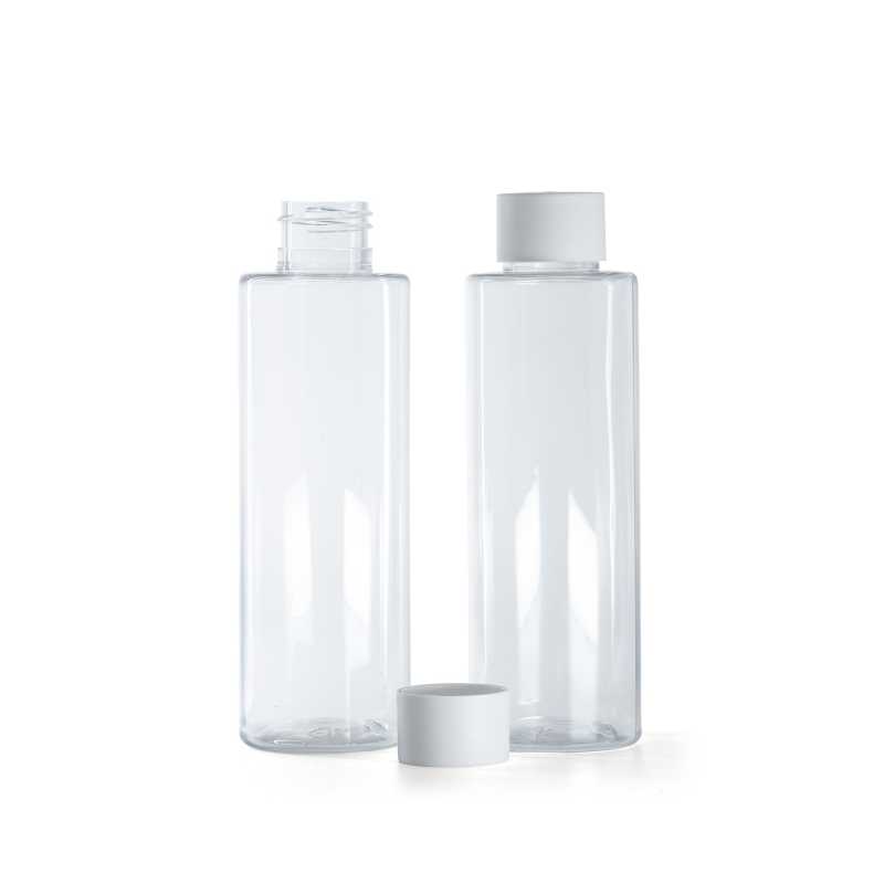 Botella de plástico transparente, tapón blanco mate, 150 ml