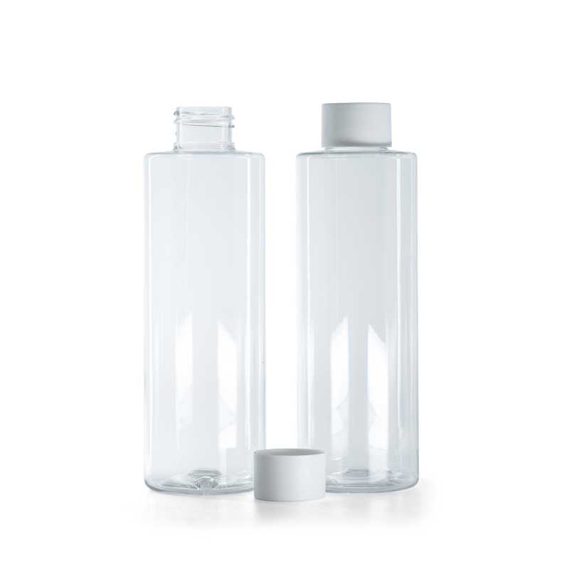 Botella de plástico transparente, 200 ml, tapón blanco mate